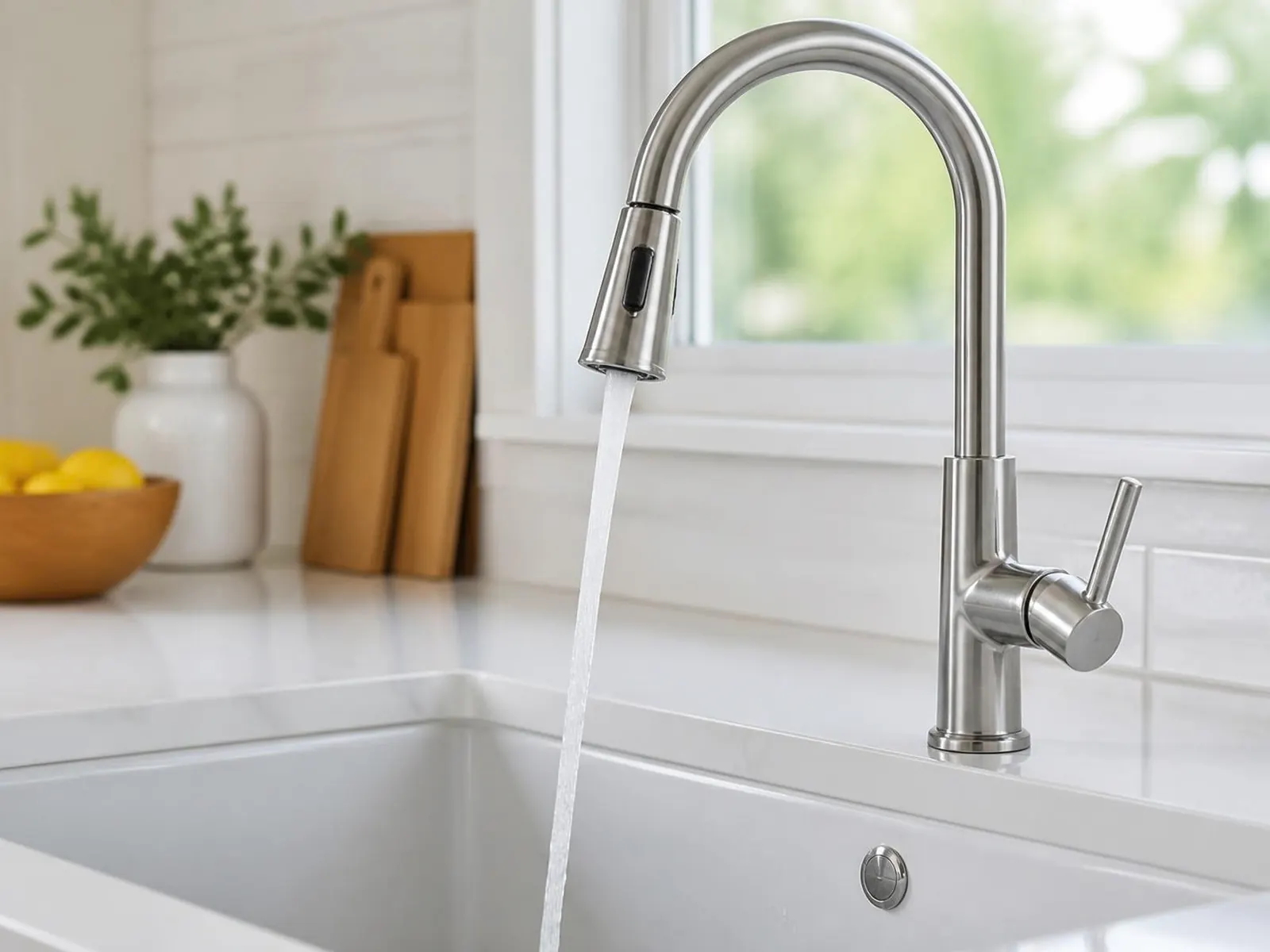 Pull-down kitchen faucet running into a white sink
