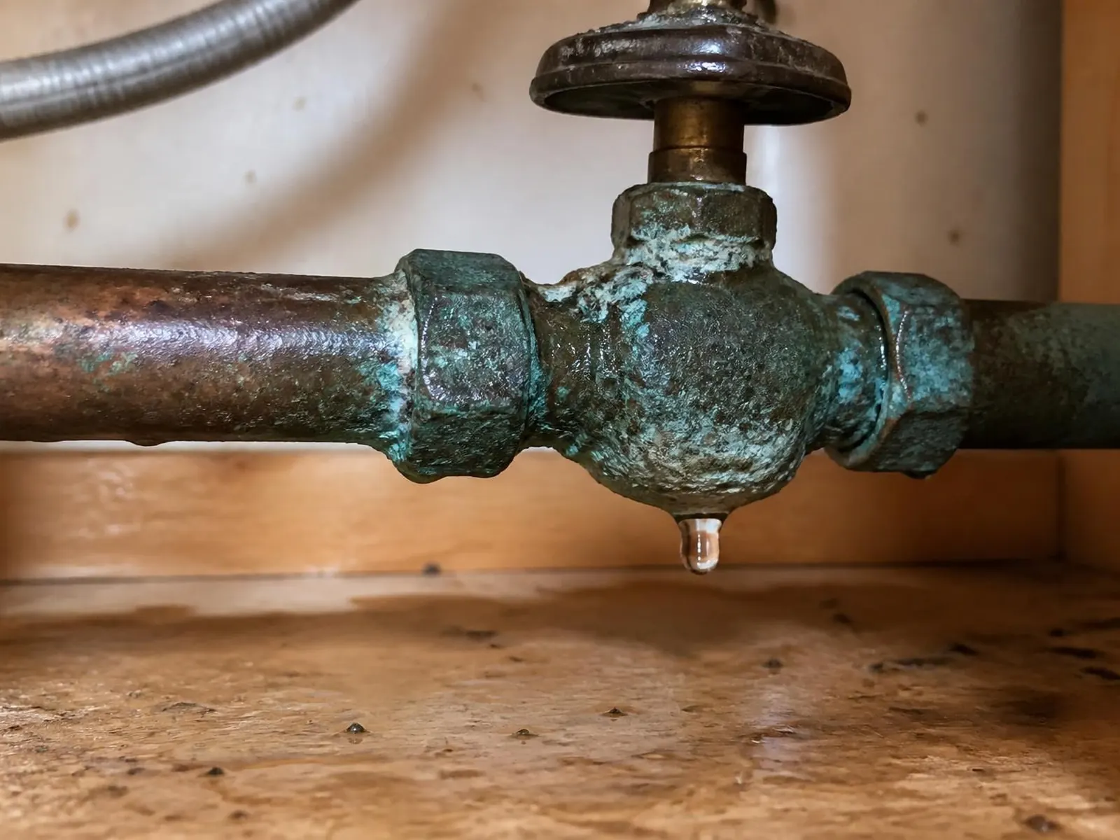 Old corroded valve on a copper pipe with a drop of water forming underneath