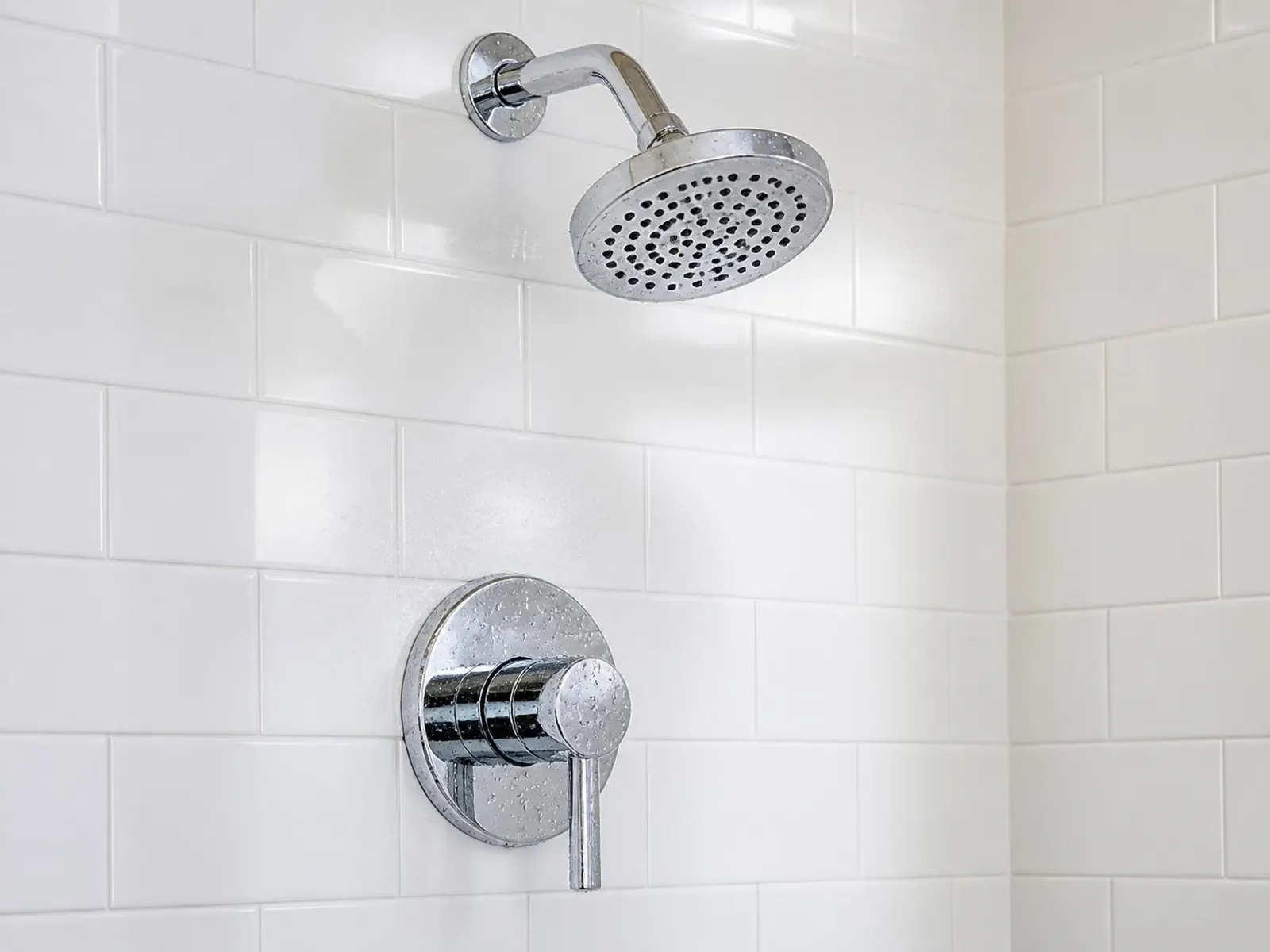 Shower head and valve trim on white tile