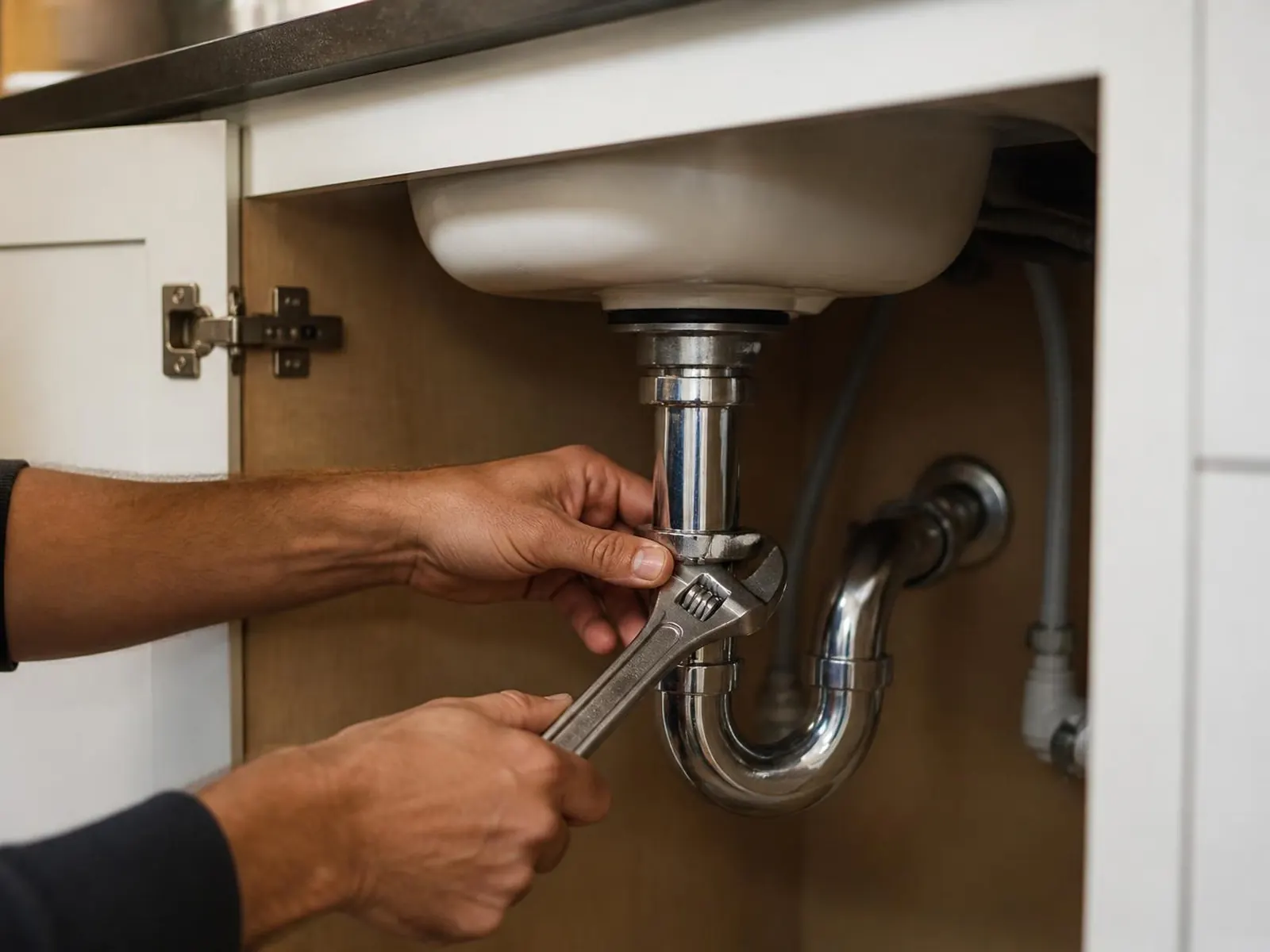 Hands tightening the trap under a kitchen sink with a wrench