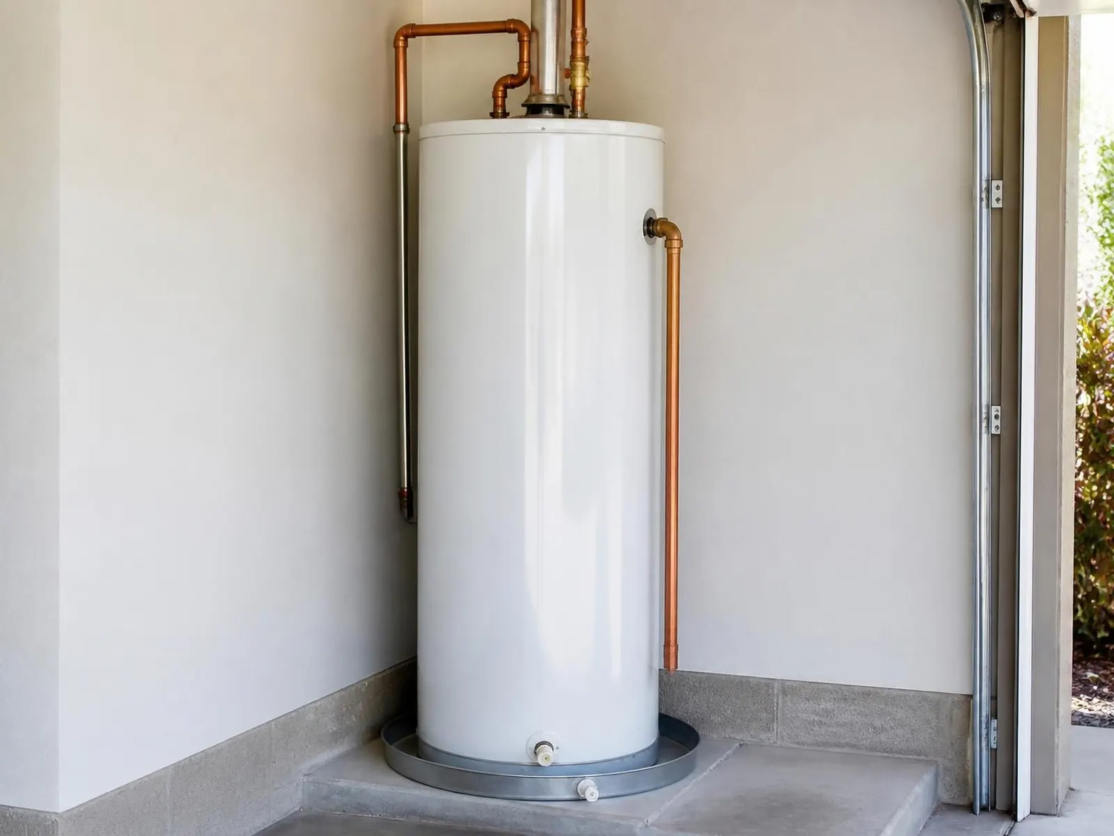 Tank water heater with copper connections in a garage