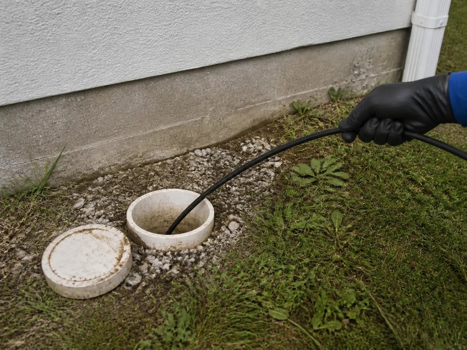 Inspection cable going into a sewer cleanout beside a house