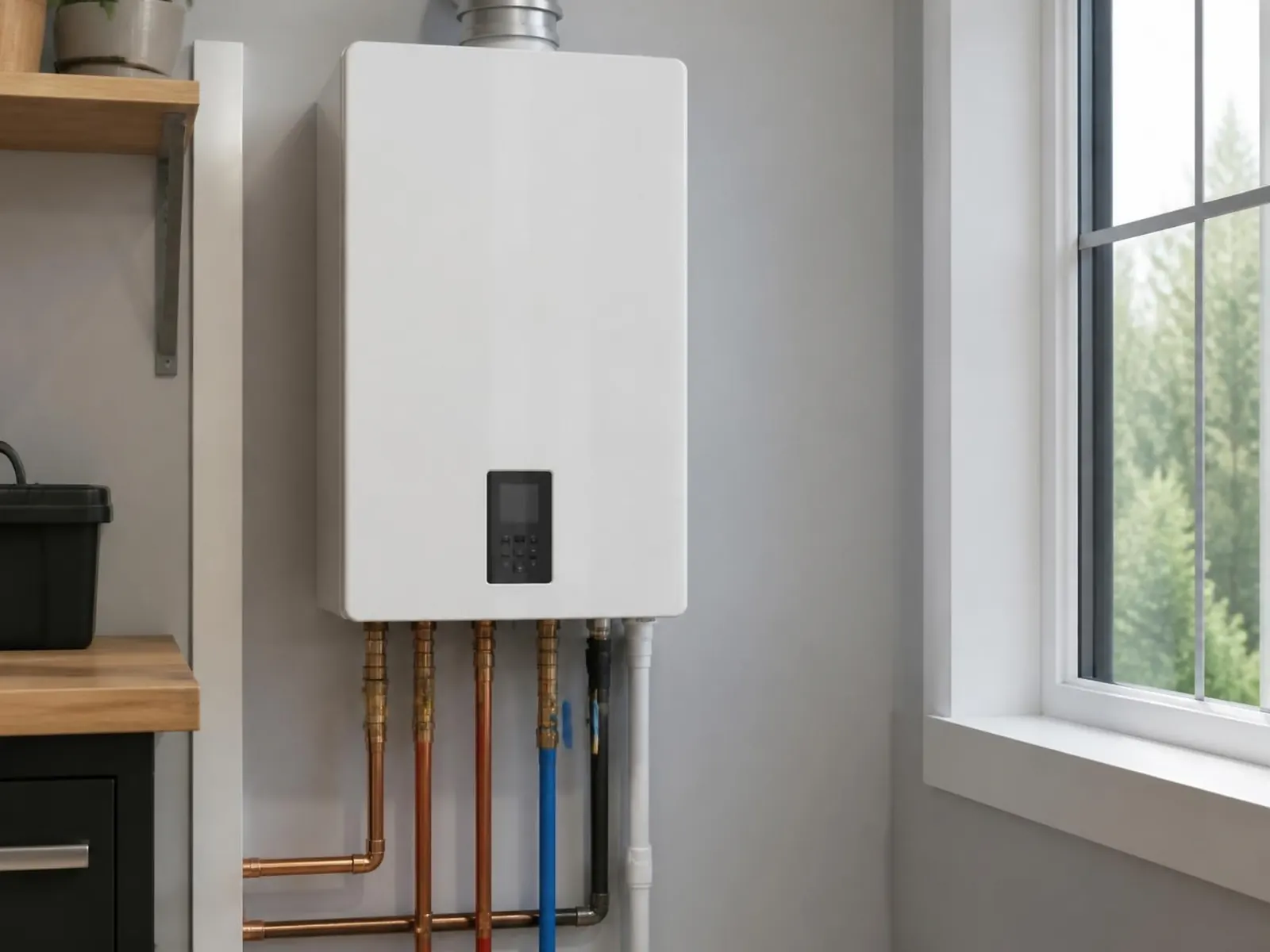 Tankless water heater mounted on a utility room wall