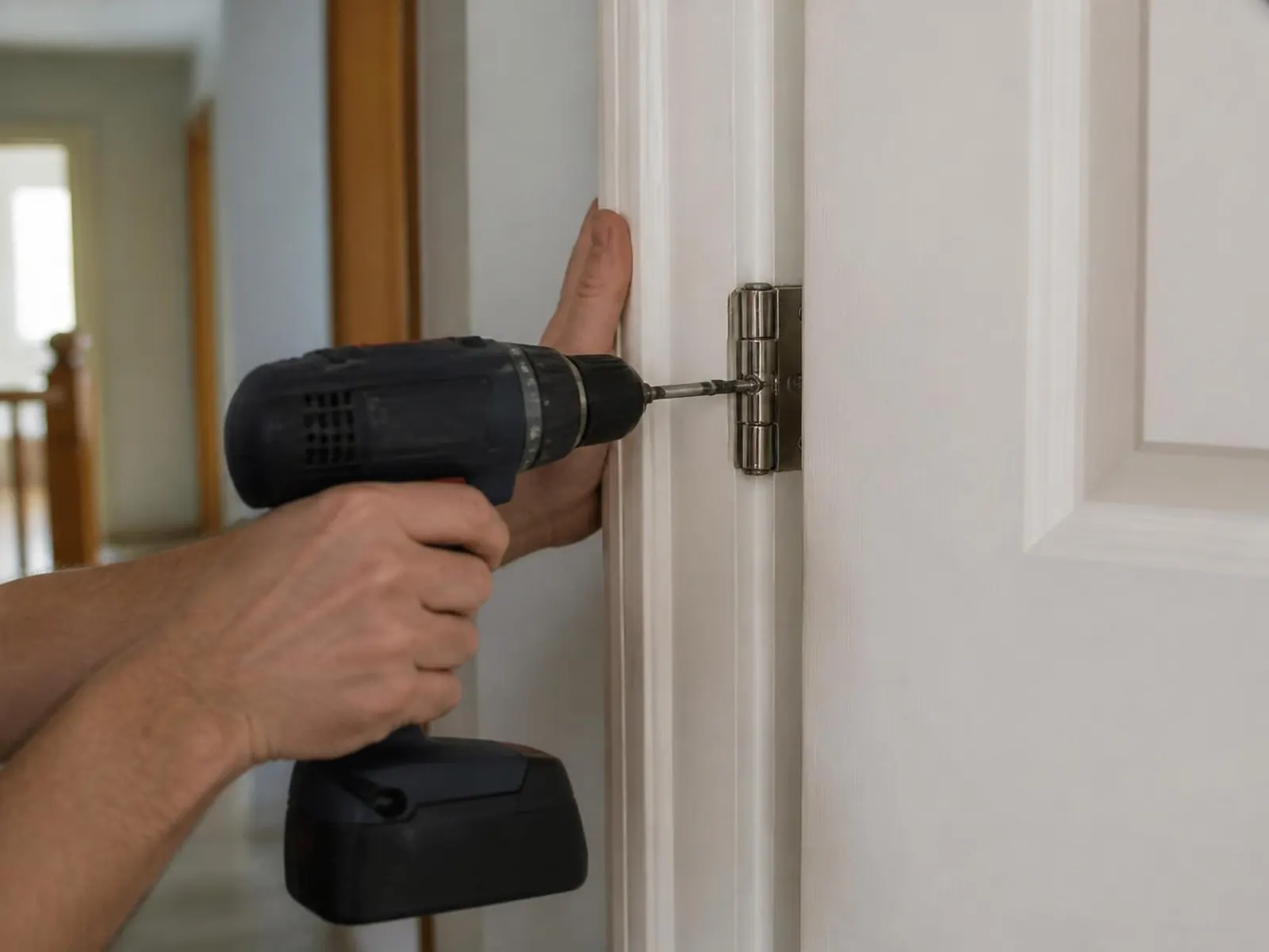 Hands with a cordless drill tightening the hinge screws on a white interior door