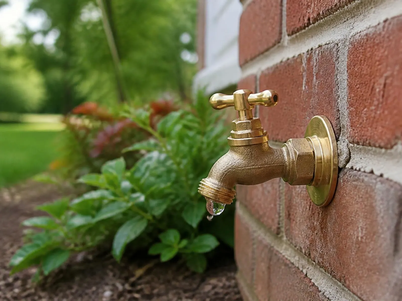Brass outdoor spigot mounted on the brick wall of a house