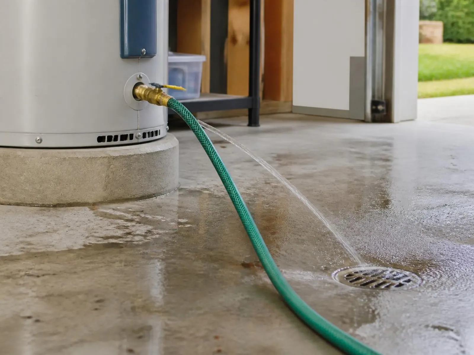 Garden hose on a water heater drain valve running water to a floor drain