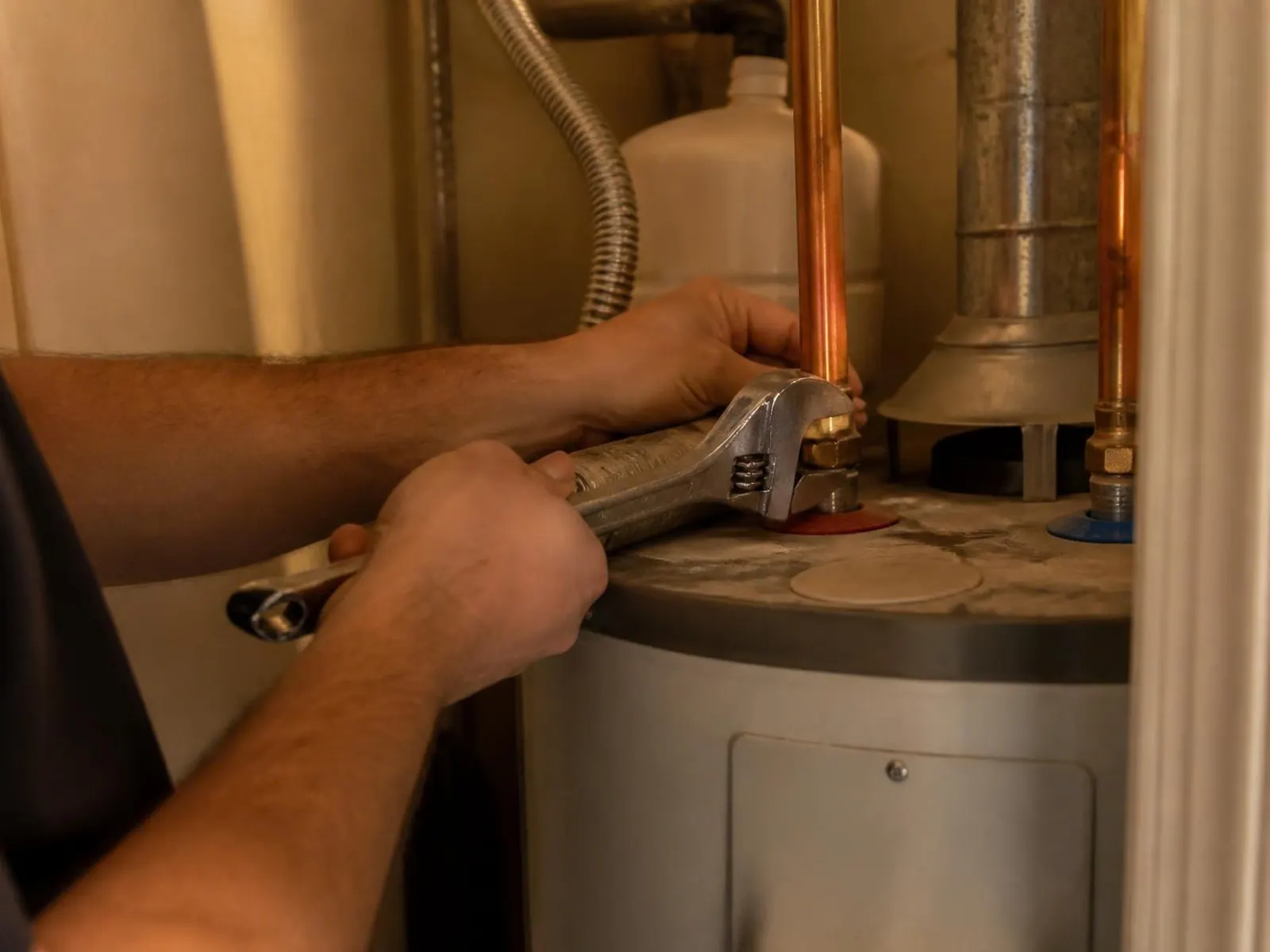 Hands using a wrench on the water connections at the top of a tank water heater